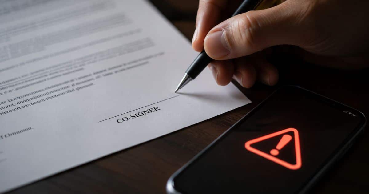 Person hesitating before signing a loan contract as a co-signer.
