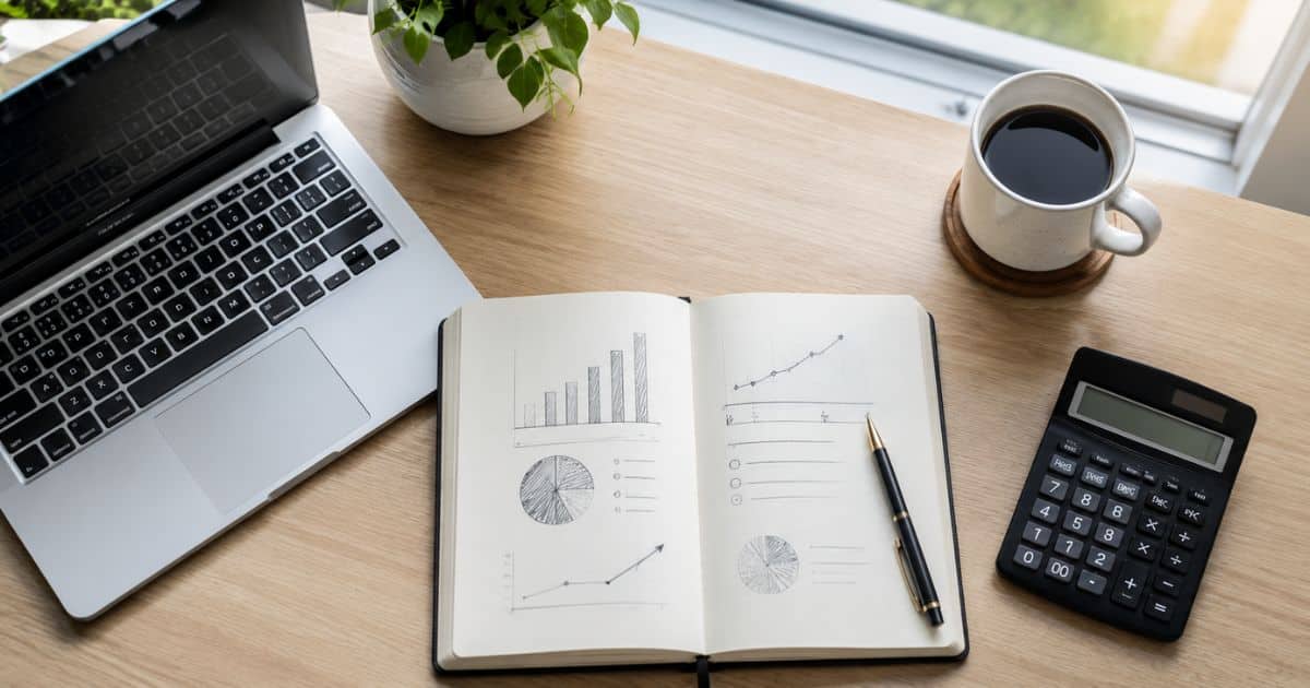 Freelance hourly rate calculator workspace showing laptop and notebook