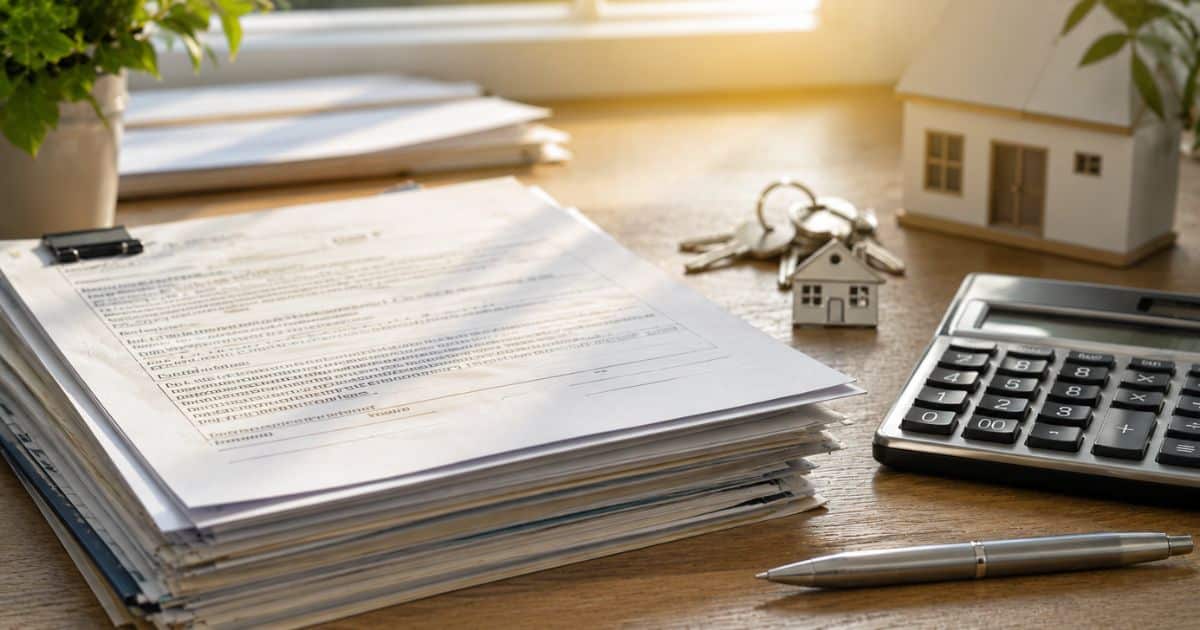 Real estate closing documents, calculator, and house keys on a desk representing property tax proration.