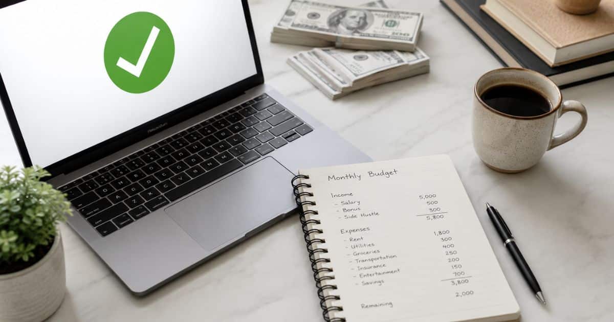 Modern desk with laptop and notebook showing a successful zero-based budget plan.